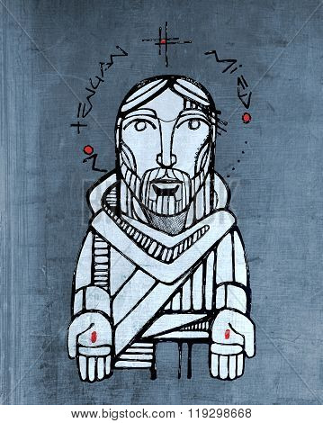 Hand drawn vector illustration or drawing of Jesus Christ with open wounded hands and the phrase: No tengan miedo wich means: Dont be afraid