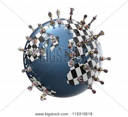 Symbol Of Geopolitics The World Globe With Chess Pieces
