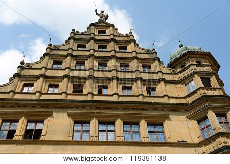 The Renaissance part (1572-1578) of the historic Town Hall (Rathaus) in Rothenburg ob der Tauber in Germany situated on the Marktplatz square. It is one of the finest in southern Germany.