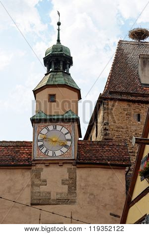 Rothenburg ob der Tauber one of the best-preserved medieval towns in Germany. Markus Tower with Roder arch with its slim clock tower which were part of the town's first fortifications (1200).