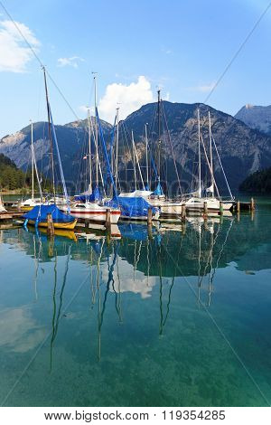 Plansee lake at the Seespitz Camping in the Alps mountain Austria.