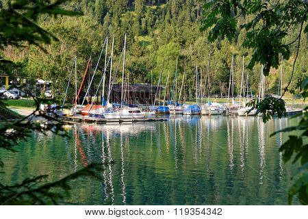 Plansee lake at the Seespitz Camping in the Alps mountain Austria.