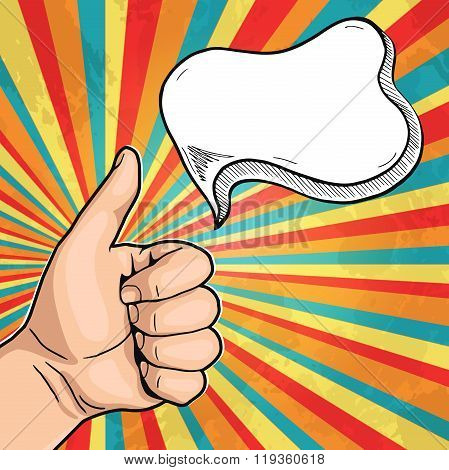 Vector Like hand sign with text bubble, man hand showing like gesture in pop art retro comic style. Thumbs up hand sign.
