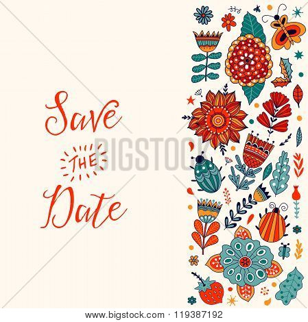 Floral card design, flowers and leaf doodle elements