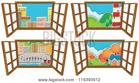 Four window scences of city and countryside illustration