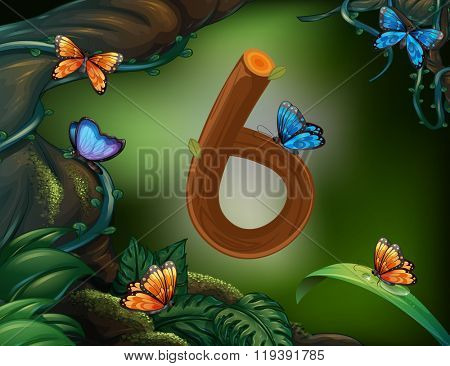 Number six with 6 butterflies in the garden illustration