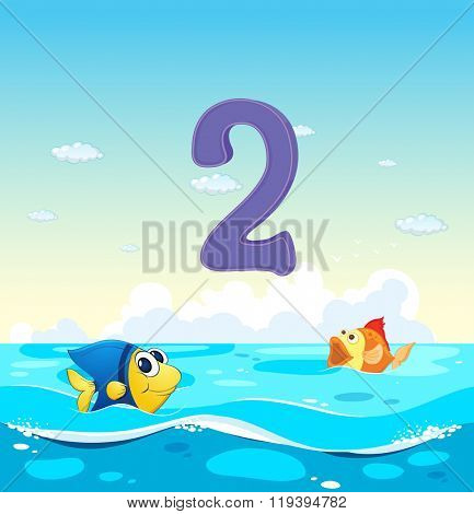 Number two with 2 fish in the ocean illustration