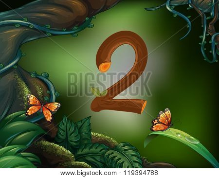 Number two with 2 butterflies in the garden illustration