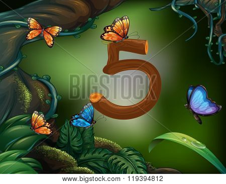 Number five with 5 butterflies in the garden illustration