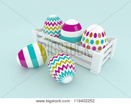 3D Colored Easter Eggs In Wooden Box