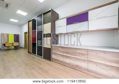Interior design of showroom for chipboard panels