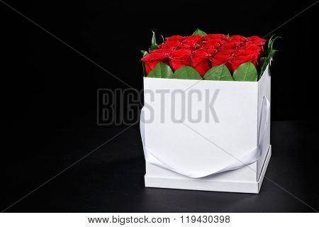 Red Roses In A Square White Gift Box On Black Background, Studio Shooting,spring Is Coming,march 8