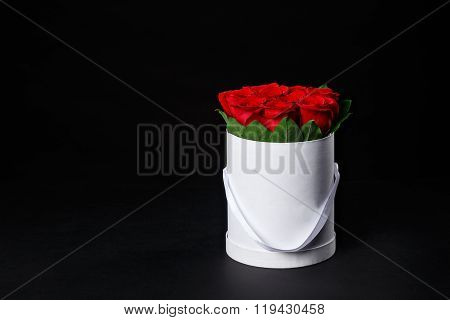 Red Roses In A Small Round White Gift Box Place For Logo, Studio Shooting, The Spring Comes, The Int