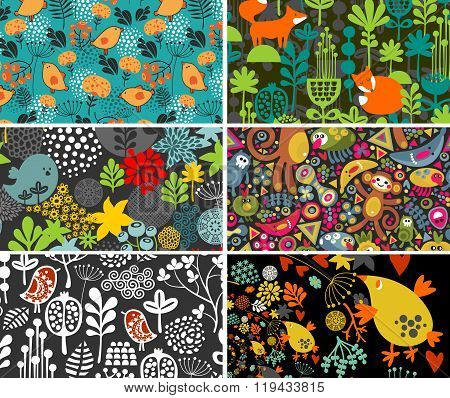 Set of cards with birds, animals and flowers.