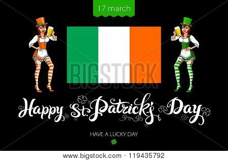 St. Patrick's Day Vector Design Elements Set - Girl With Red Hair And Seamless Pattern. Patricks