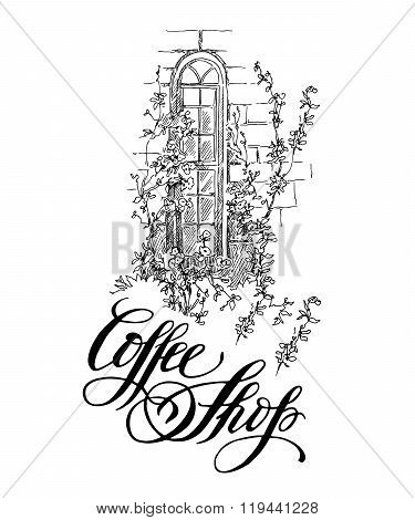 Vector sketch of old street. Coffe shop inscription.