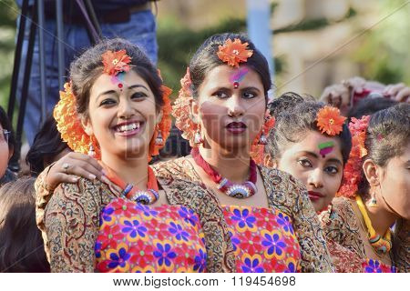 Young Girl Dancer's Jouful Expression At Holi (spring) Festival In Kolkata.