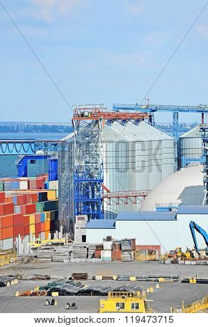 Cargo Container, Pipe And Grain Drayer In Port