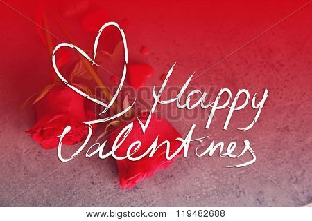 Beautiful red rose with small hearts on grey textured background