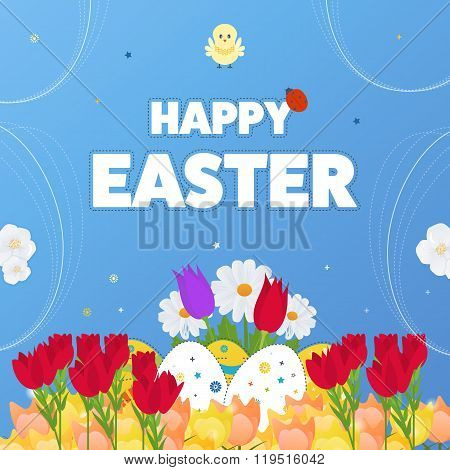Happy Easter Card with Eggs, Grass, Flowers. Poster, greeting card.