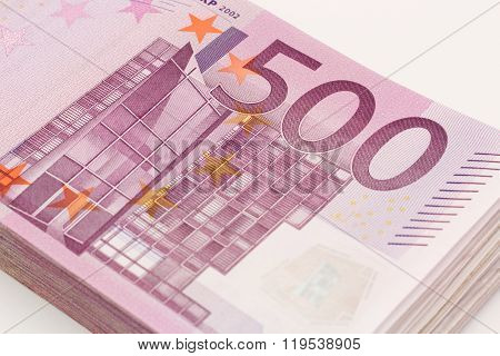 Money - Isolated Stack Of Five Hundred (500) Euro Bills Banknotes With White Background