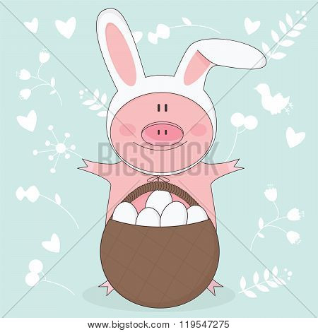 Vector Illustration Of Easter Pig With Bunny Ears. Easter Getting Card.