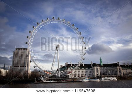 LONDON -February 5: London Eye along River Thames, on February 5, 2016 in London. The largest Ferris wheel in Europe, structure of the London Eye is 135 M. tall and the wheel has a diameter of 120 M.