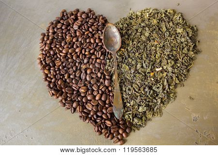 Heart of beans black coffee and green tea leaves
