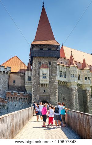 Hunedoara, Romania, 11 July, 2015: People Visiting Corvin Castle In Hunedoara, Romania