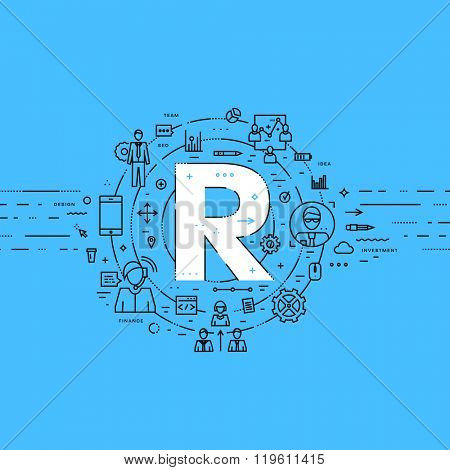 Alphabet Letter R. Flat Style, Thin Line Art Design. Set of application development, web site coding, information, mobile technologies, business icons and elements. Modern concept vectors collection