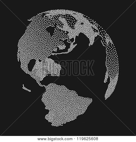 Dotwork Halftone 3D Earth Planet. Engraving Earth Vector Illustration. World Globe Dotwork Travel concept on black background