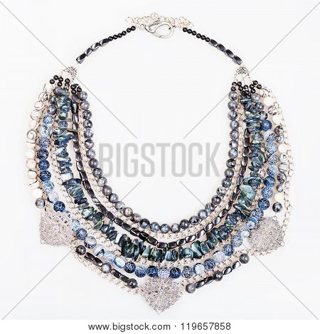 Gray Blue Agate Necklace From Gemstones On White