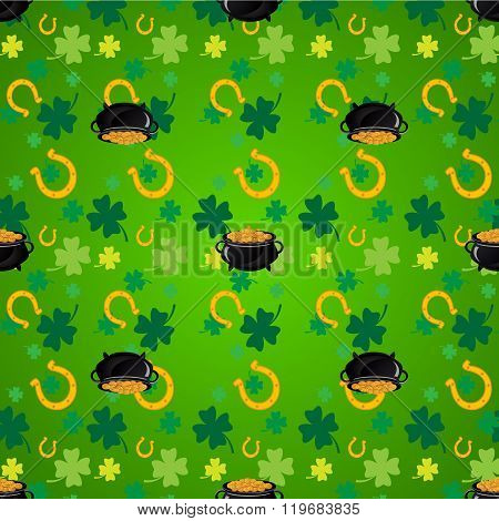 Green shamrock leaves and horseshoes . St. Patrick's day background. Vector illustration.