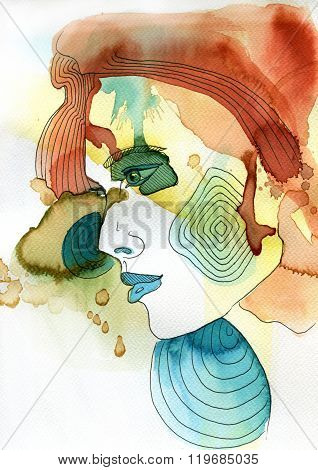 abstract watercolor illustration depicting a portrait of a woman