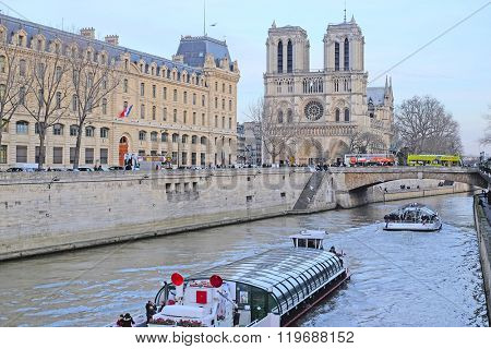 Paris, France, February 9, 2016: the boat on a river Sena in Paris, France