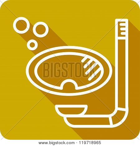 Diving mask with snorkel flat square icon