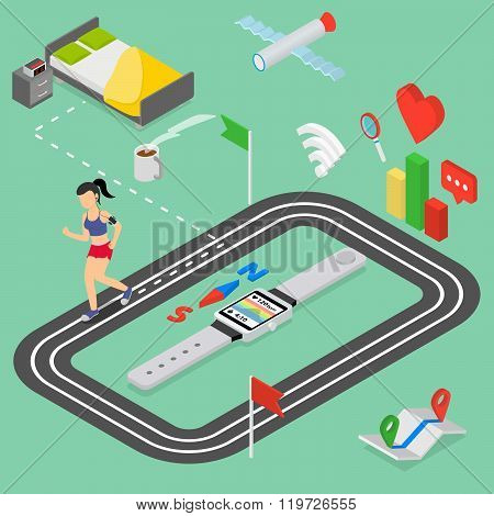 Flat 3d isometric style smart fitness watch web infographics concept. morning running. Girl runs fro
