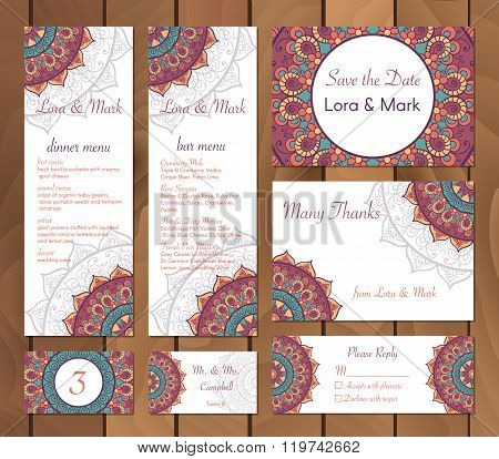 Collection Of Ethnic Cards,menu And Wedding Invitations With Indian Ornament.