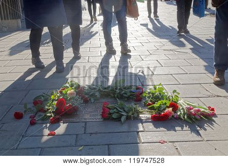 Roses On The Place Where The Swedish Prime Minister Olof Palme Was Murdered
