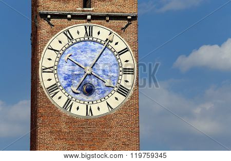 Ancient Clock With The Hands In The Medieval Tower In The City Center Of Vicenza