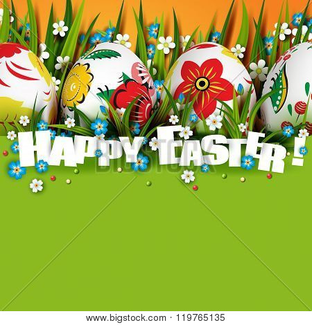 Template card with Easter eggs and flowers