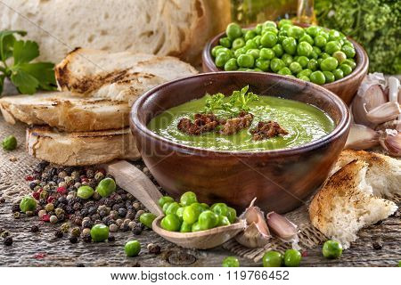 Potage soup made from fresh domestic peas with spices
