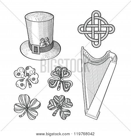Set of Saint Patricks Day hand drawn design elements.
