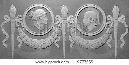 decoration item made of white plaster. relief stucco interior