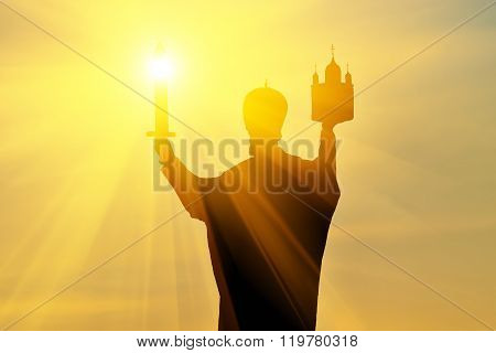 Silhouette Of Monument To Nicholas Wonderworker At Sunset. Kaliningrad, Russia