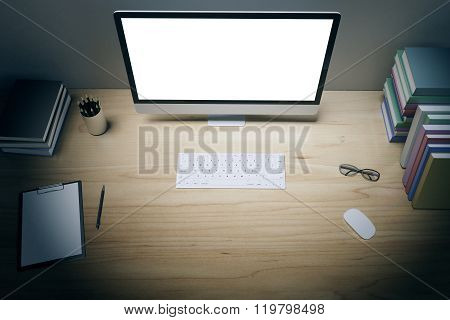 Blank Computer Screen With Keyboard, Books And Other Office Sccessories On Wooden Table, Mock Up