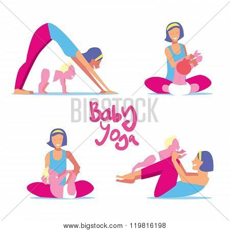 Baby yoga set. Mom with a child engaged in exercises of yoga for the baby health. Vector illustration. Vector yoga poses. Yoga class or yoga studio. Baby yoga concept. Mother and child is engaged in yoga. Set of yoga asanas.