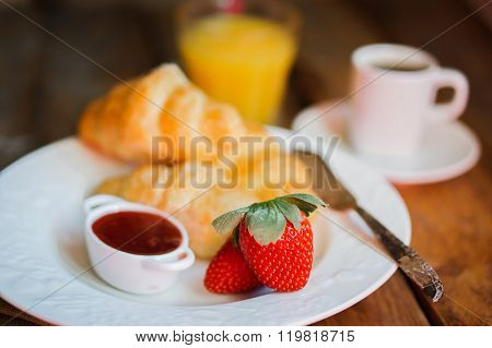 Tasty Breakfast Coffee With Croissants