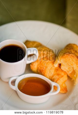 Tasty Breakfastcoffee With Croissants And Jam On Wooden Background