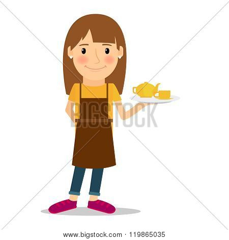 Waitress with tea pot and cup